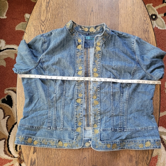 Blue Identity Gold Floral Metallic Open Front Blue Denim Jacket Size Women's 1X - Picture 6 of 11